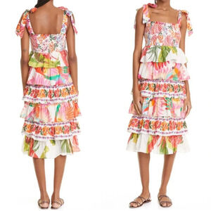 $245 Farm Rio Mix Print Smocked Tiered Cotton Dress Dress Medium